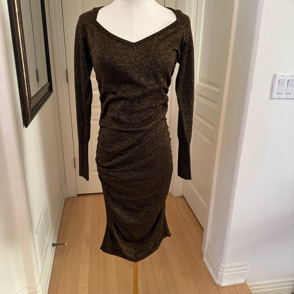 Brown Bodycon Dress with Long Sleeves and V-Neck for Cocktail